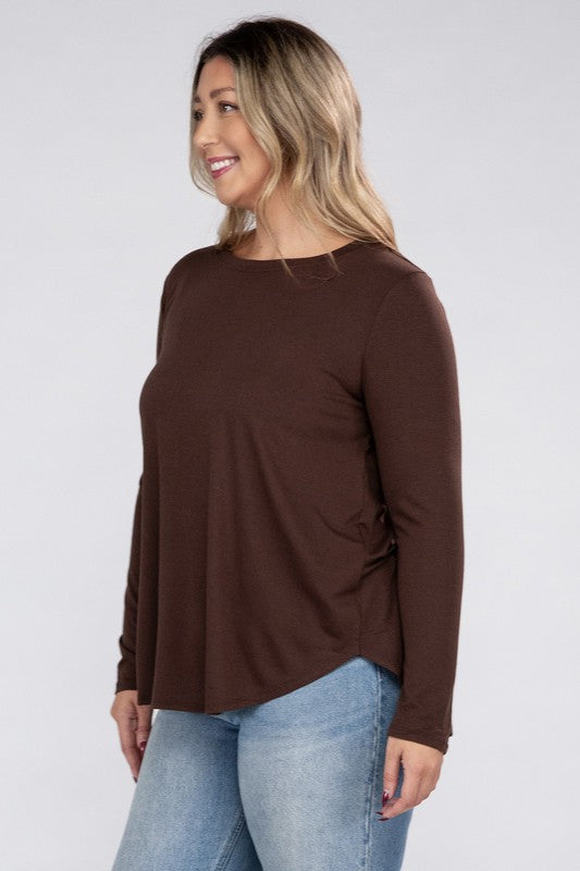 Plus Long Sleeve Round Neck Round Hem Top - U Moody