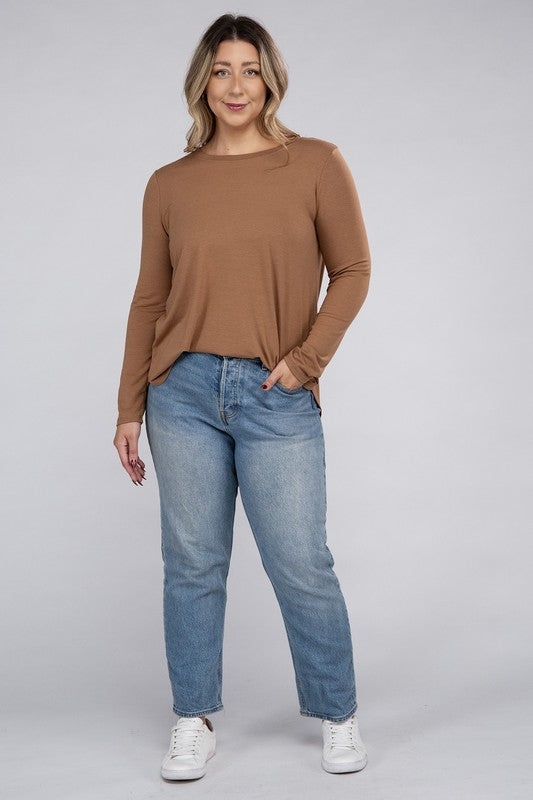 Plus Long Sleeve Round Neck Round Hem Top - U Moody