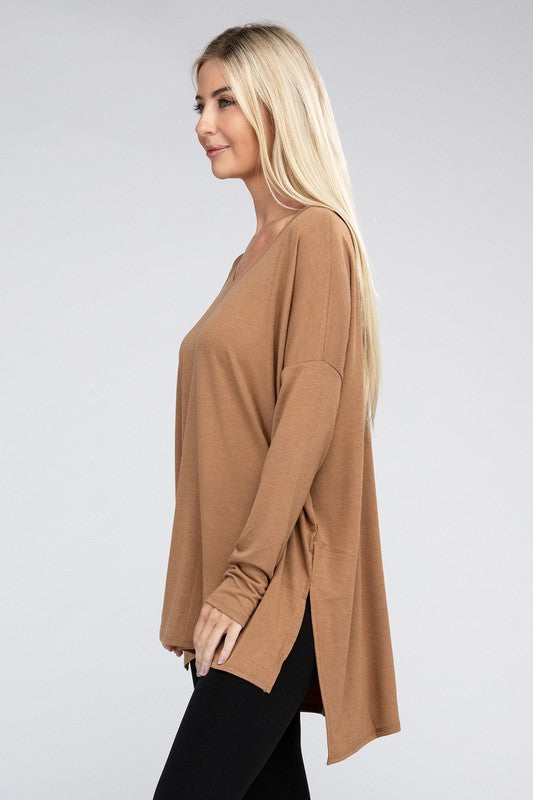 Dolman Long Sleeve V-Neck Side Slit Hi-Low Hem Top - U Moody