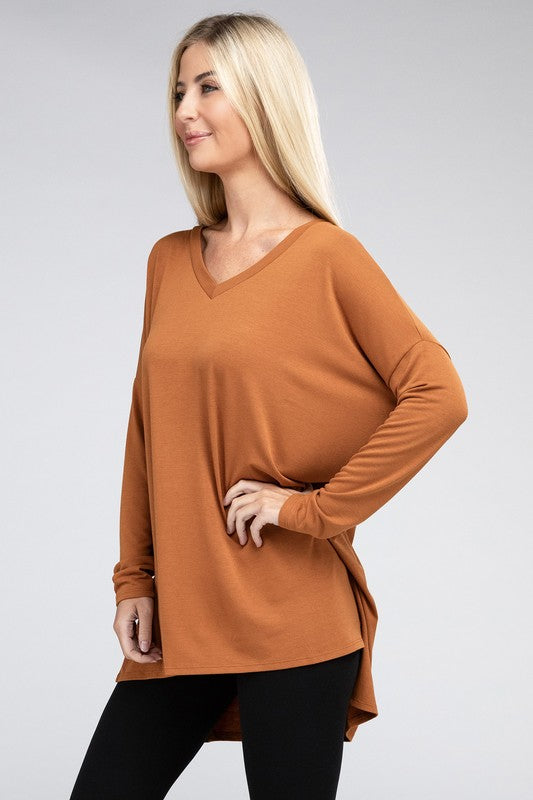 Dolman Long Sleeve V-Neck Side Slit Hi-Low Hem Top - U Moody