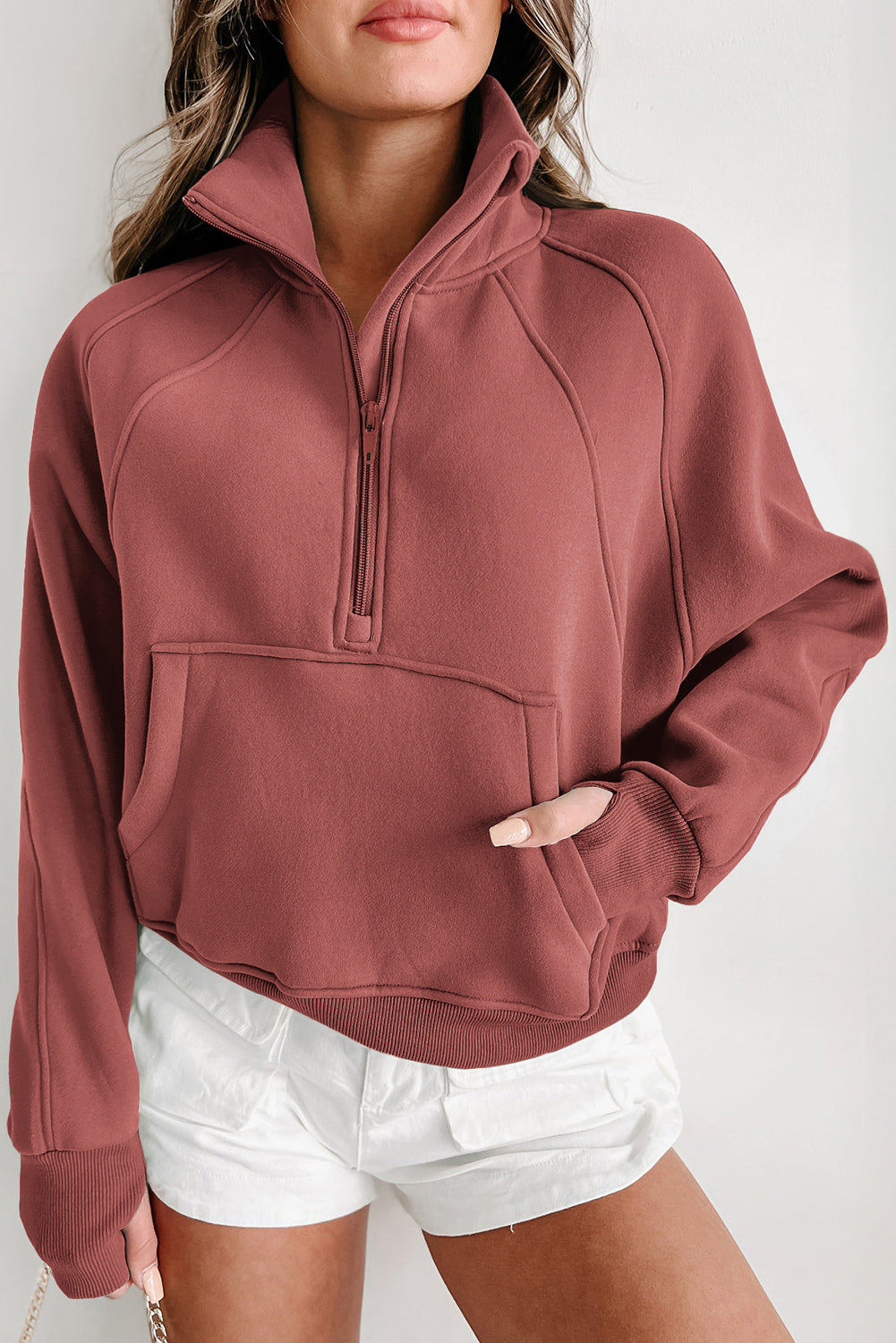 Brown Zip Up Stand Collar Ribbed Thumbhole Sleeve Sweatshirt