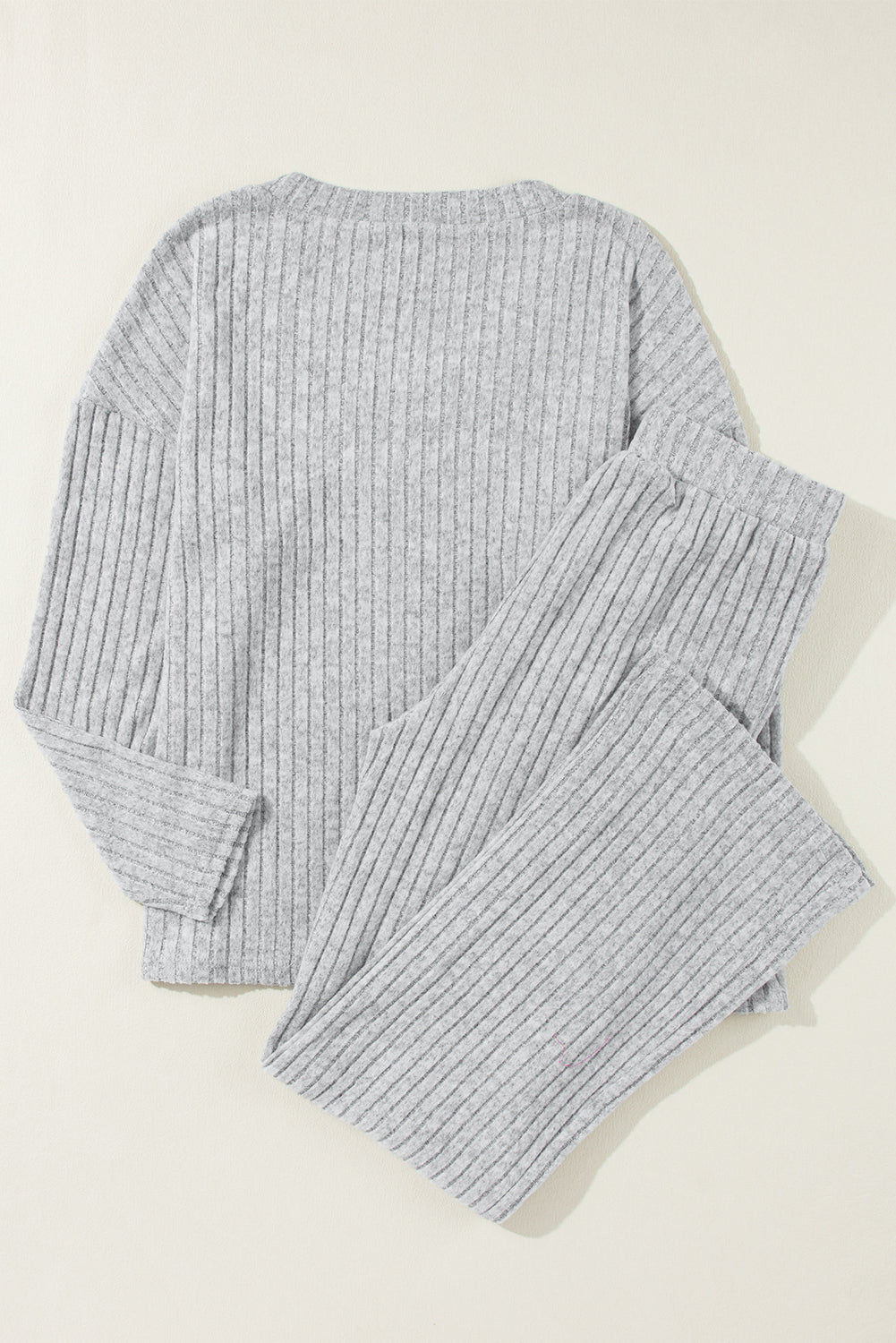 Light Grey Ribbed Knit V Neck Slouchy Two-piece Outfit