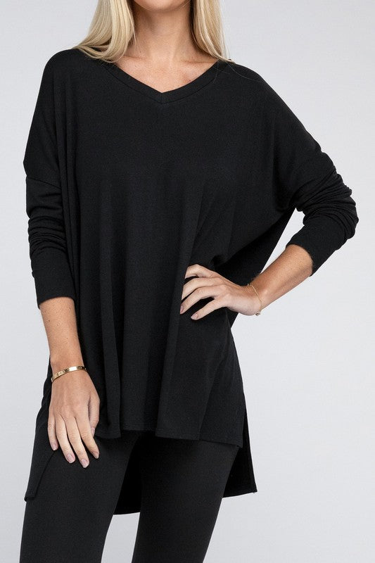 Dolman Long Sleeve V-Neck Side Slit Hi-Low Hem Top - U Moody