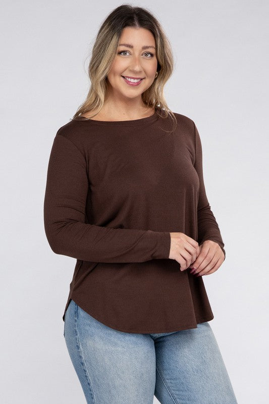 Plus Long Sleeve Round Neck Round Hem Top - U Moody