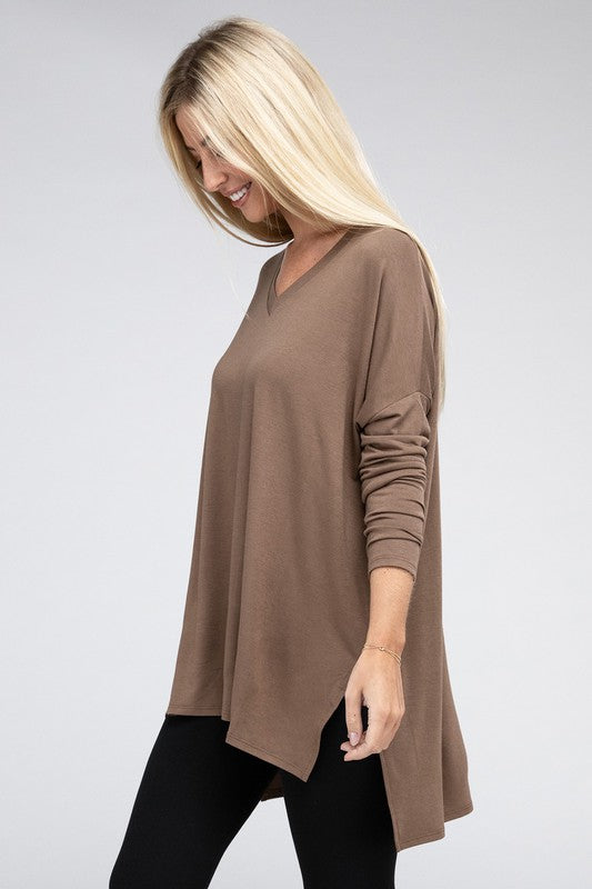 Dolman Long Sleeve V-Neck Side Slit Hi-Low Hem Top - U Moody