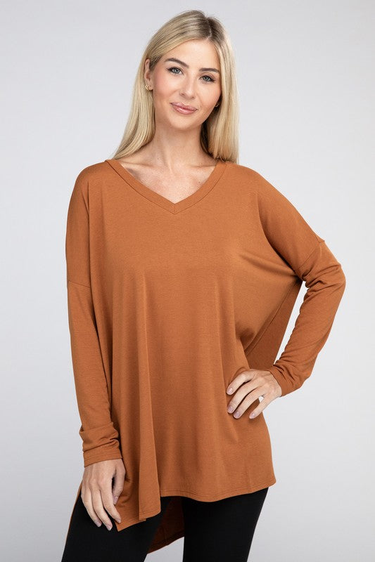 Dolman Long Sleeve V-Neck Side Slit Hi-Low Hem Top - U Moody