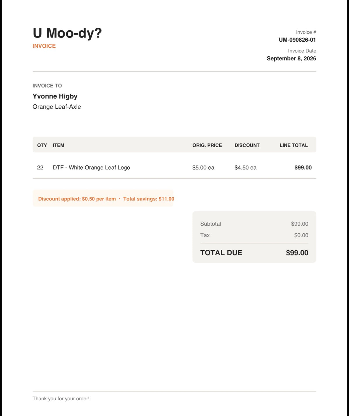 Yvonne Invoice