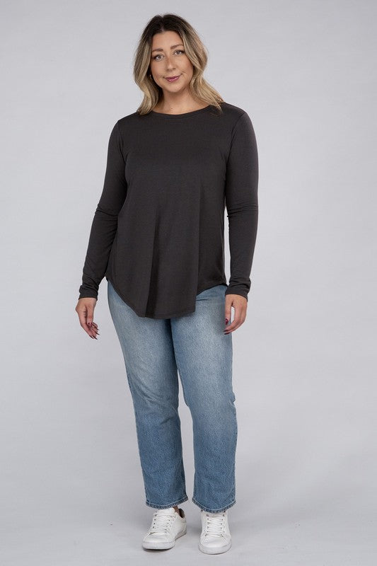 Plus Long Sleeve Round Neck Round Hem Top - U Moody