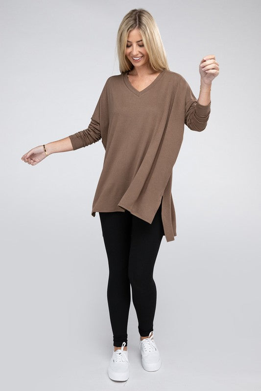 Dolman Long Sleeve V-Neck Side Slit Hi-Low Hem Top - U Moody