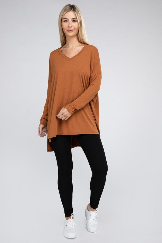 Dolman Long Sleeve V-Neck Side Slit Hi-Low Hem Top - U Moody