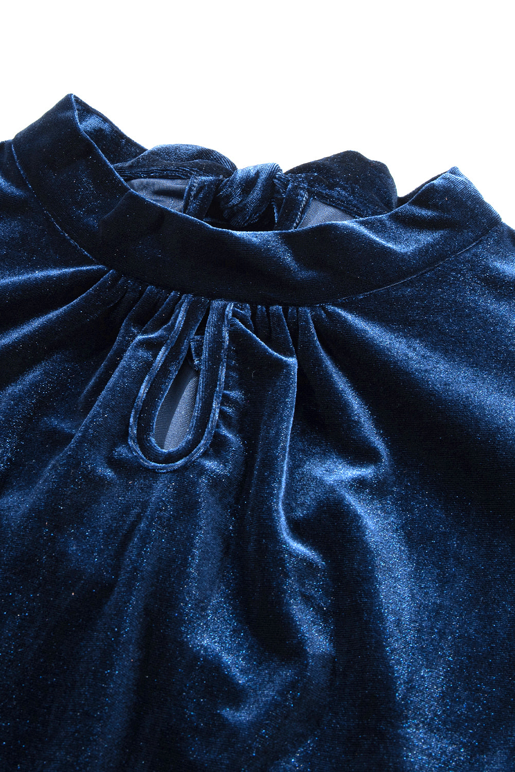 Navy Blue Mock Neck Puff Sleeve Velvet Blouse