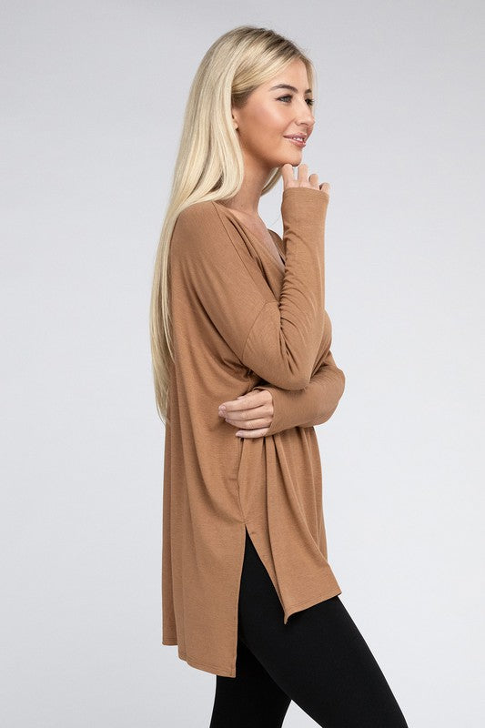 Dolman Long Sleeve V-Neck Side Slit Hi-Low Hem Top - U Moody