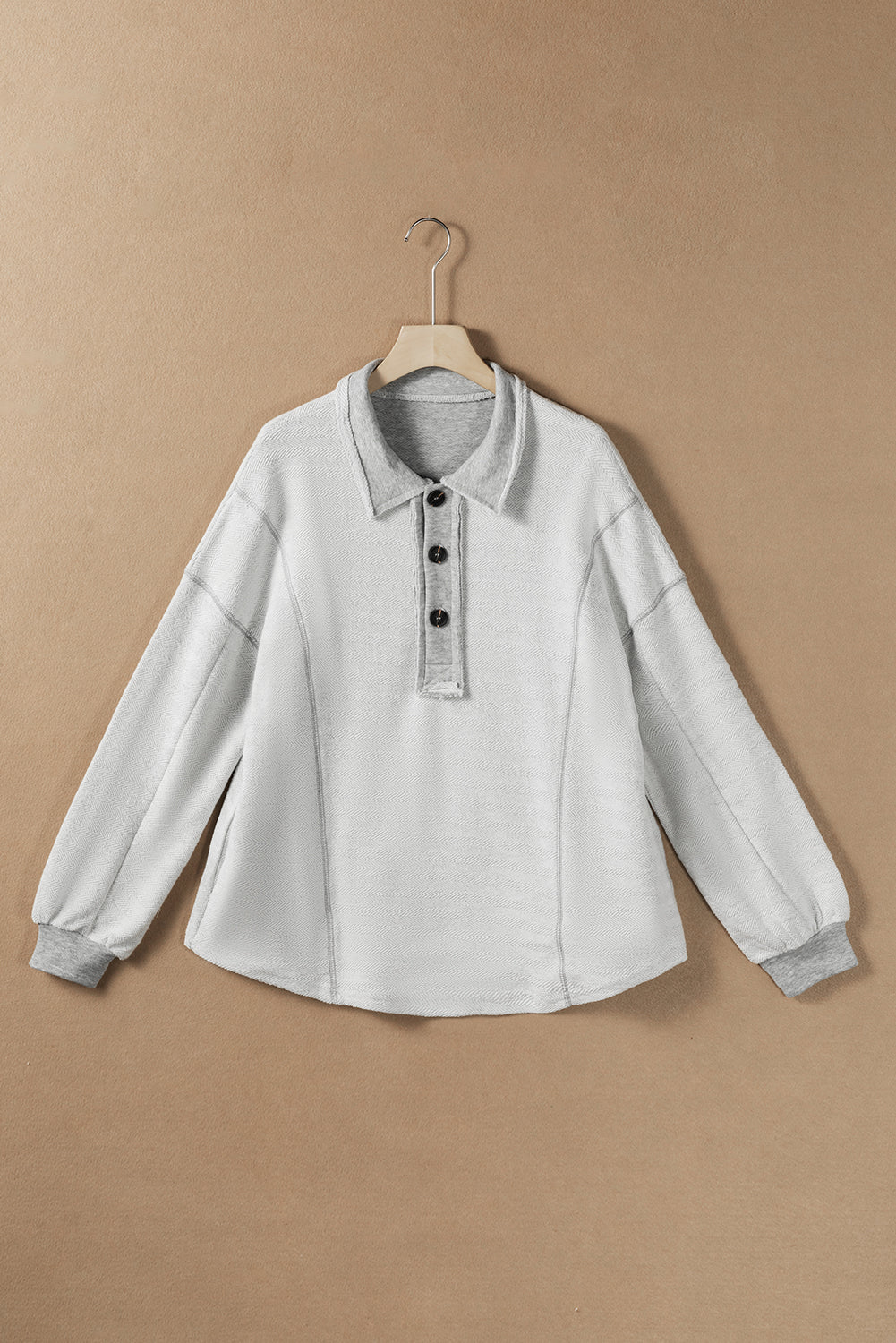 White Textured Side Pockets Buttoned Neckline Sweatshirt