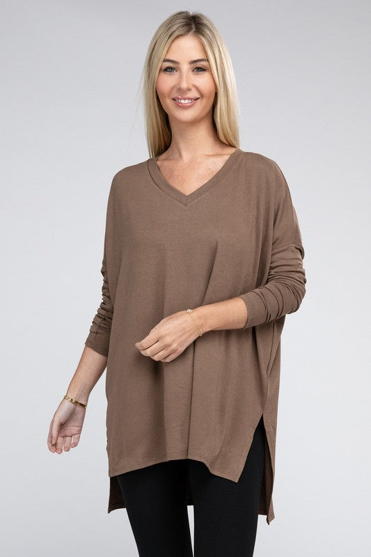 Dolman Long Sleeve V-Neck Side Slit Hi-Low Hem Top - U Moody