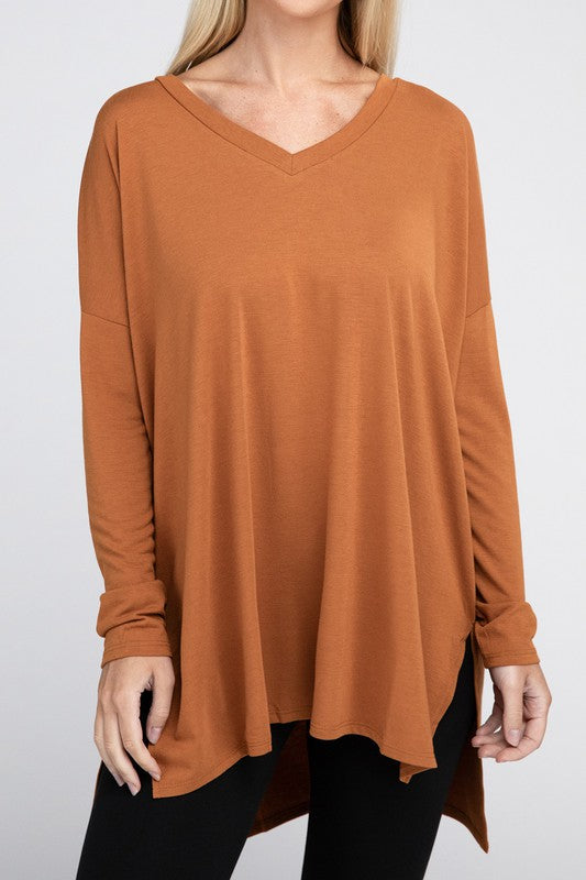 Dolman Long Sleeve V-Neck Side Slit Hi-Low Hem Top - U Moody