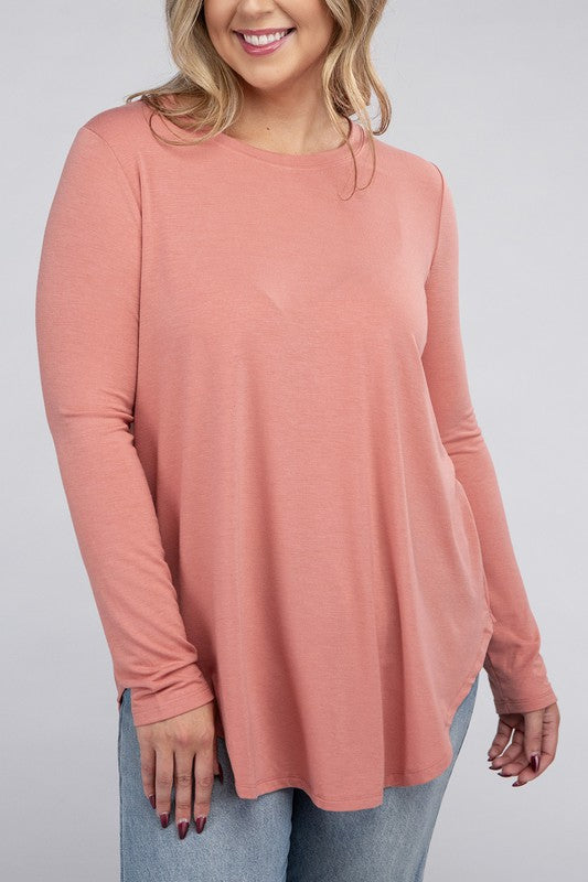 Plus Long Sleeve Round Neck Round Hem Top - U Moody