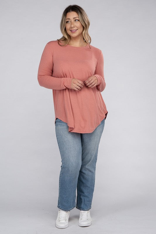 Plus Long Sleeve Round Neck Round Hem Top - U Moody