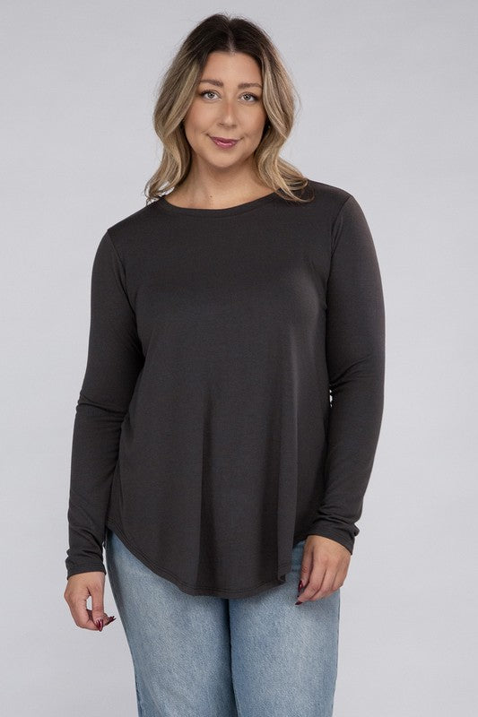 Plus Long Sleeve Round Neck Round Hem Top - U Moody