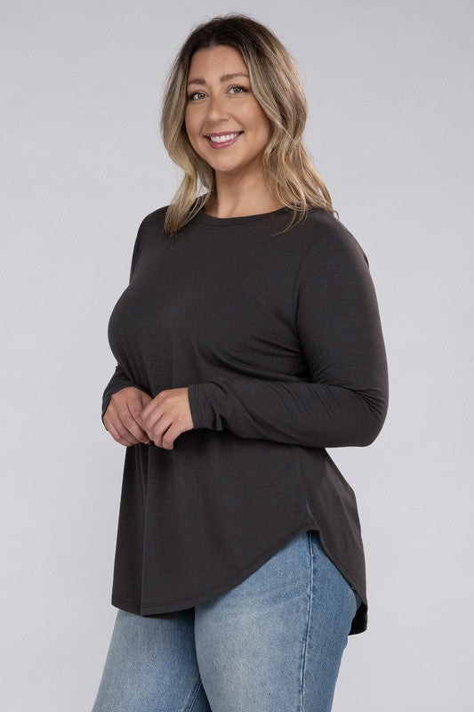 Plus Long Sleeve Round Neck Round Hem Top - U Moody