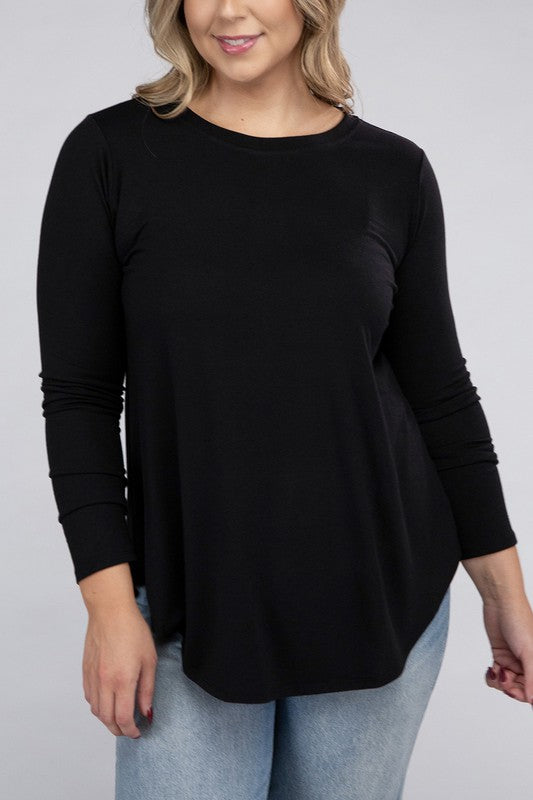 Plus Long Sleeve Round Neck Round Hem Top - U Moody