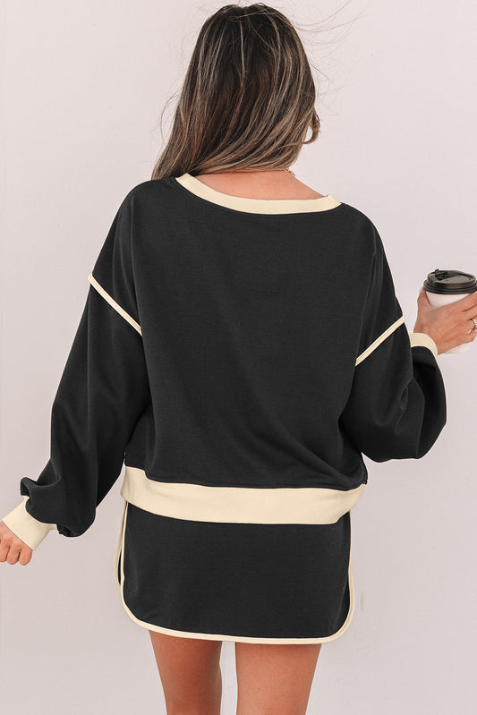 Black Color Contrast Loose Pullover and Lace-up Waist Skort Set - U Moody