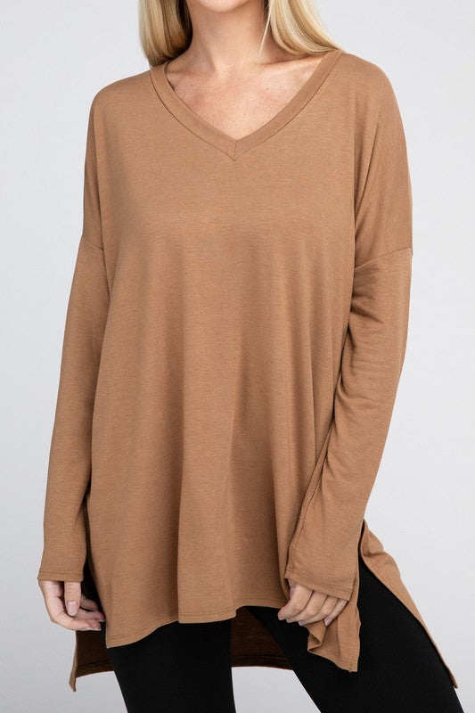 Dolman Long Sleeve V-Neck Side Slit Hi-Low Hem Top - U Moody