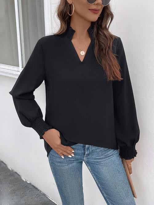 Smocked Notched Long Sleeve Blouse - U Moody