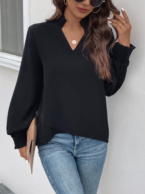 Smocked Notched Long Sleeve Blouse - U Moody