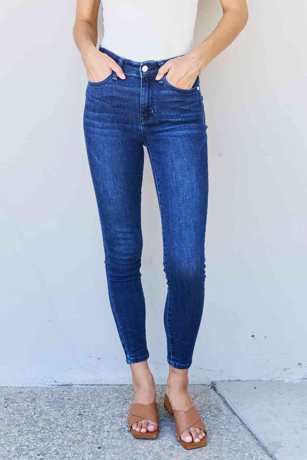 Judy Blue Marie Full Size Mid Rise Crinkle Ankle Detail Skinny Jeans - U Moody