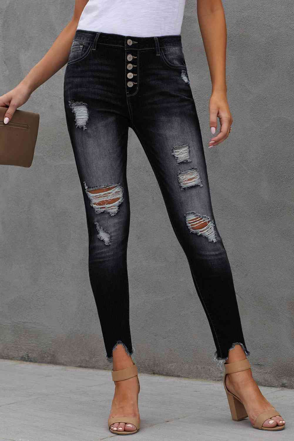 Baeful Button Fly Hem Detail Ankle-Length Skinny Jeans - U Moody