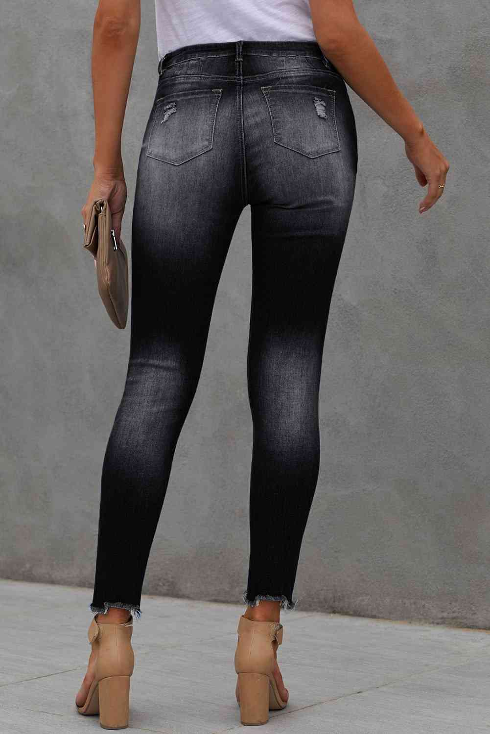 Baeful Button Fly Hem Detail Ankle-Length Skinny Jeans - U Moody