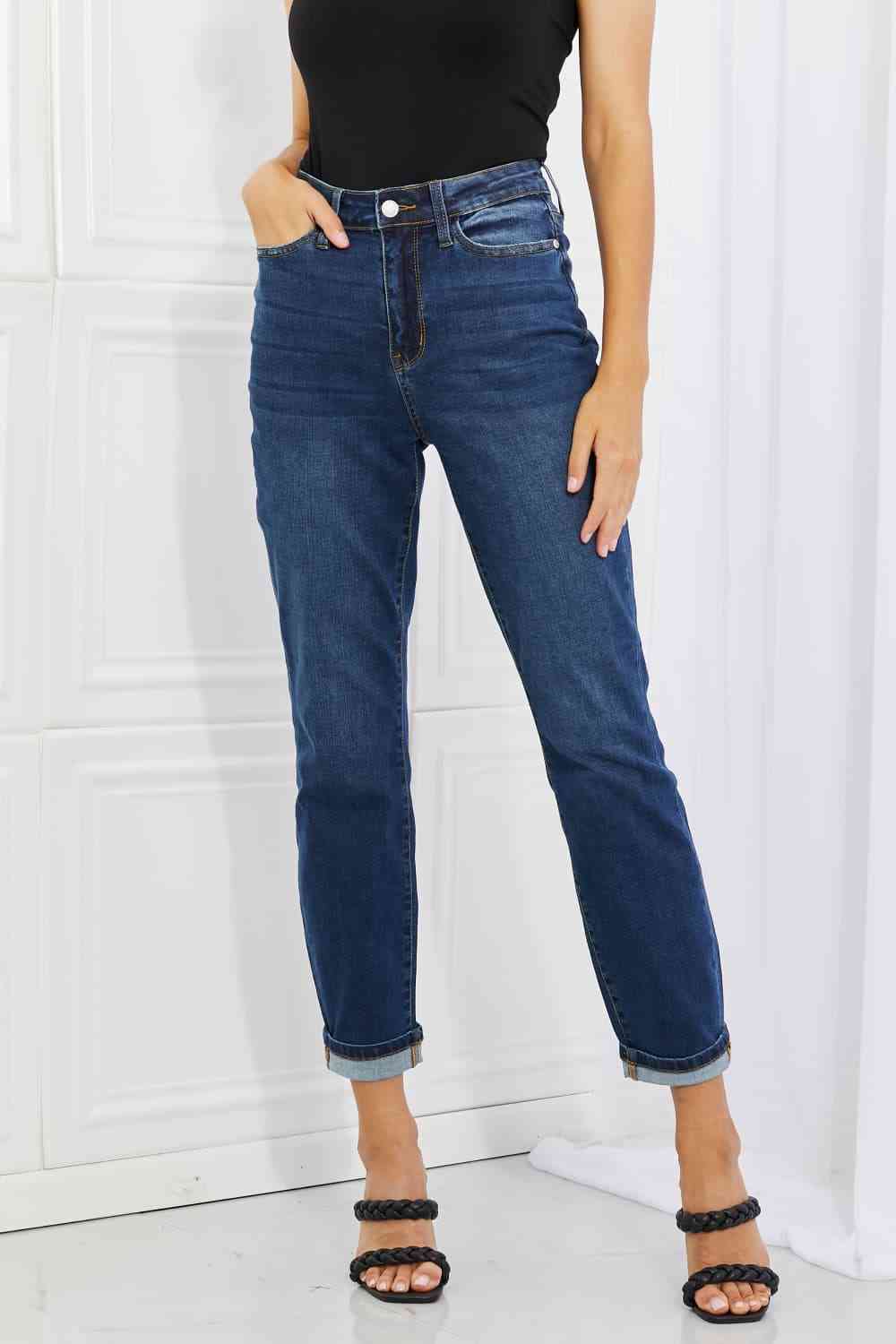 Judy Blue Crystal Full Size High Waisted Cuffed Boyfriend Jeans - U Moody